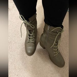 Brown heeled combat boots faux leather zip up